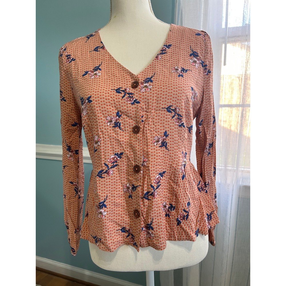 One Clothing Los Angeles Peach Floral Peplum‎ Button Front Long Sleeve Top Small